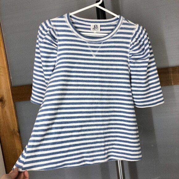 Anthropologie DRA Blue White Stripe Terry Short Sleeve Puff Sleeves Sz S - Picture 2 of 7